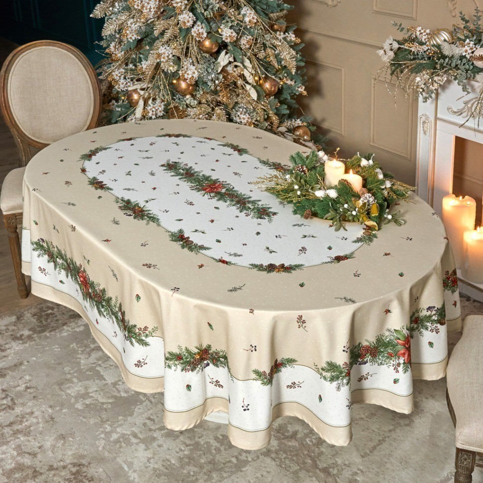 Скатерть овальная "celebration"160х220см ,бежевый, 100% хлопок,твил, пропитка Lefard (850-734-41)