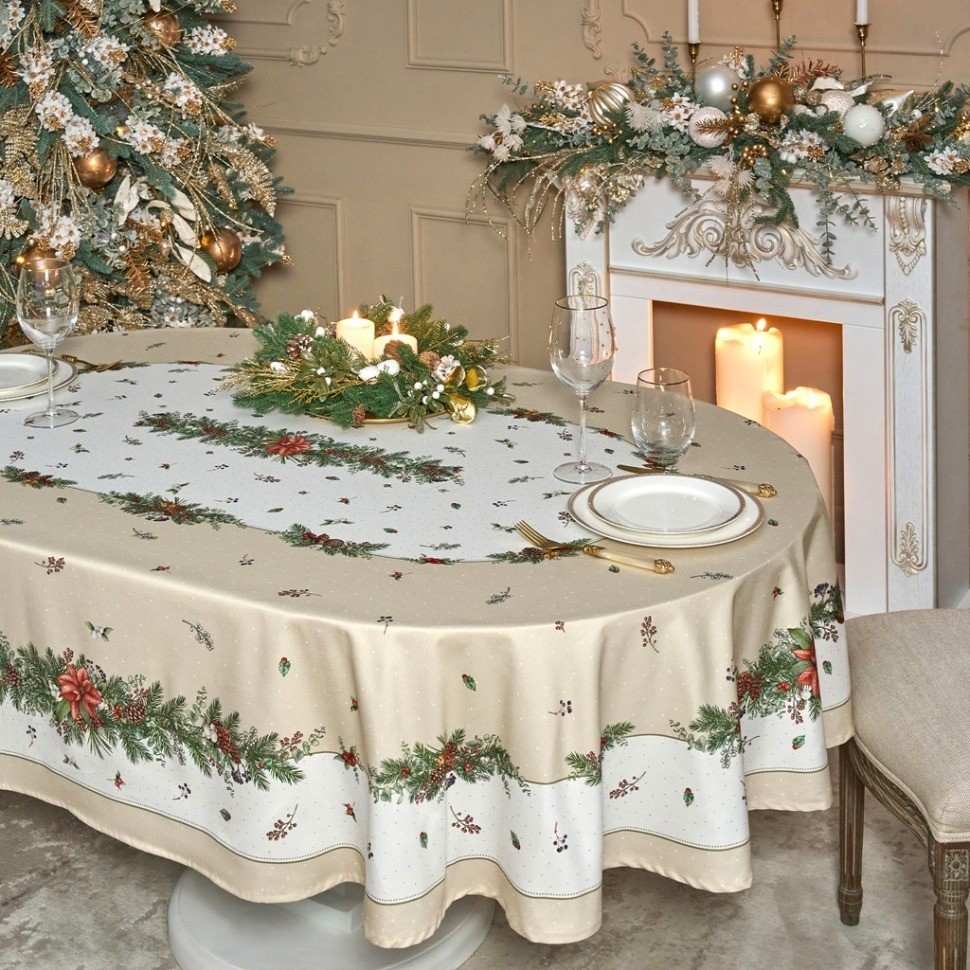 Скатерть овальная "celebration"160х220см ,бежевый, 100% хлопок,твил, пропитка Lefard (850-734-41)