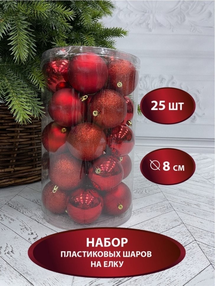 Набор шаров ø 8 см красный 25 шт. в прозрачной упаковке (84718)