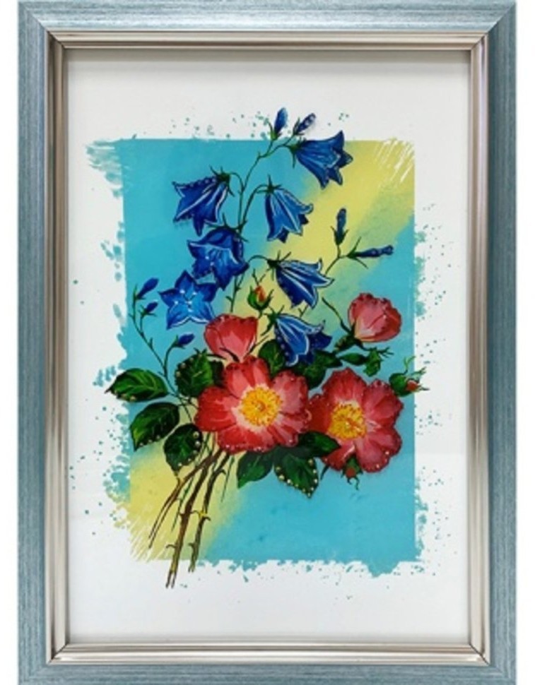 Картина Колокольчики с шиповником с кристаллами Swarovski (2187)