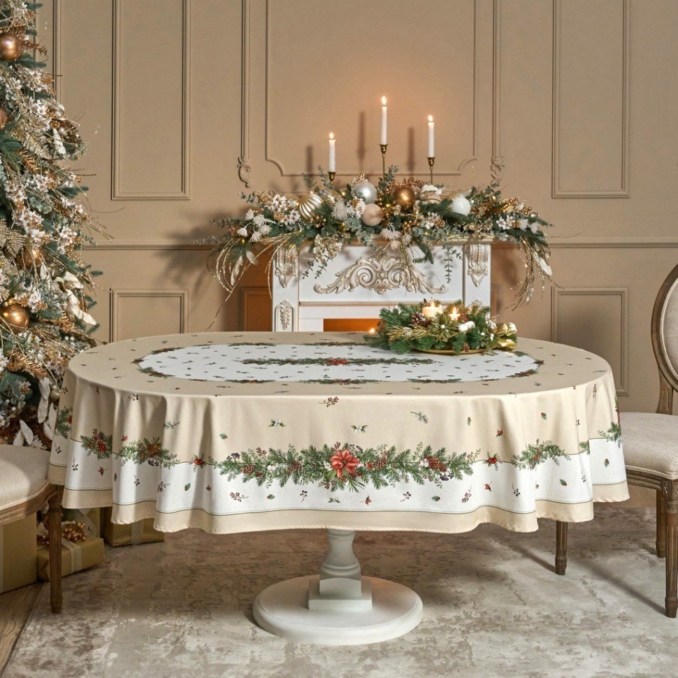 Скатерть овальная "celebration"140х300см ,бежевый, 100% хлопок,твил, пропитка Lefard (850-734-42)