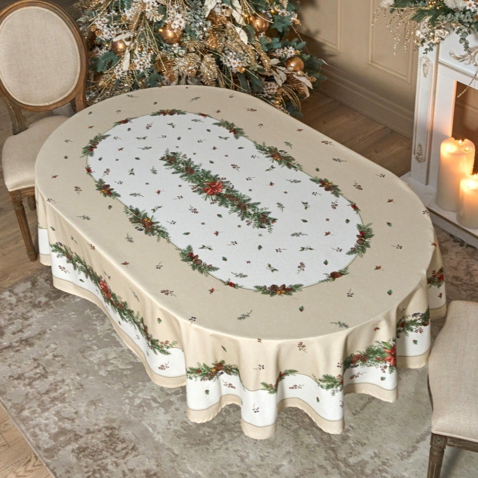 Скатерть овальная "celebration"140х300см ,бежевый, 100% хлопок,твил, пропитка Lefard (850-734-42)