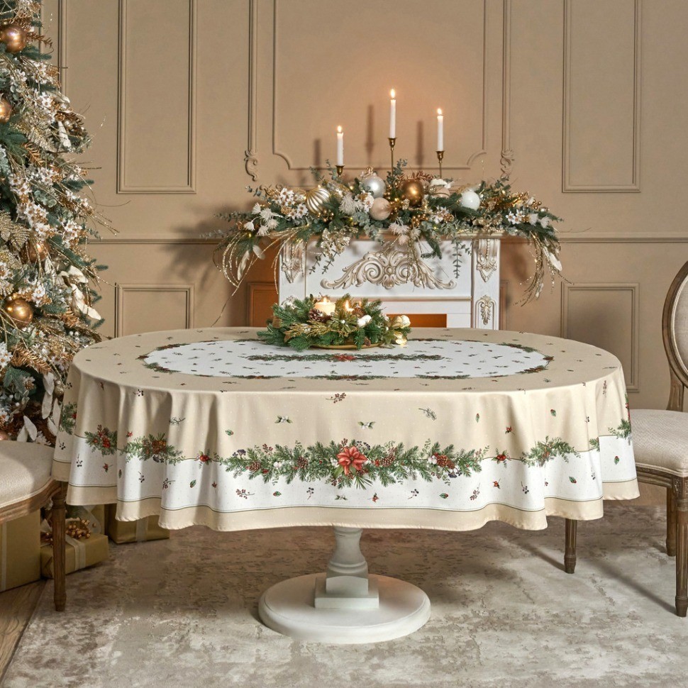 Скатерть овальная "celebration"140х300см ,бежевый, 100% хлопок,твил, пропитка Lefard (850-734-42)