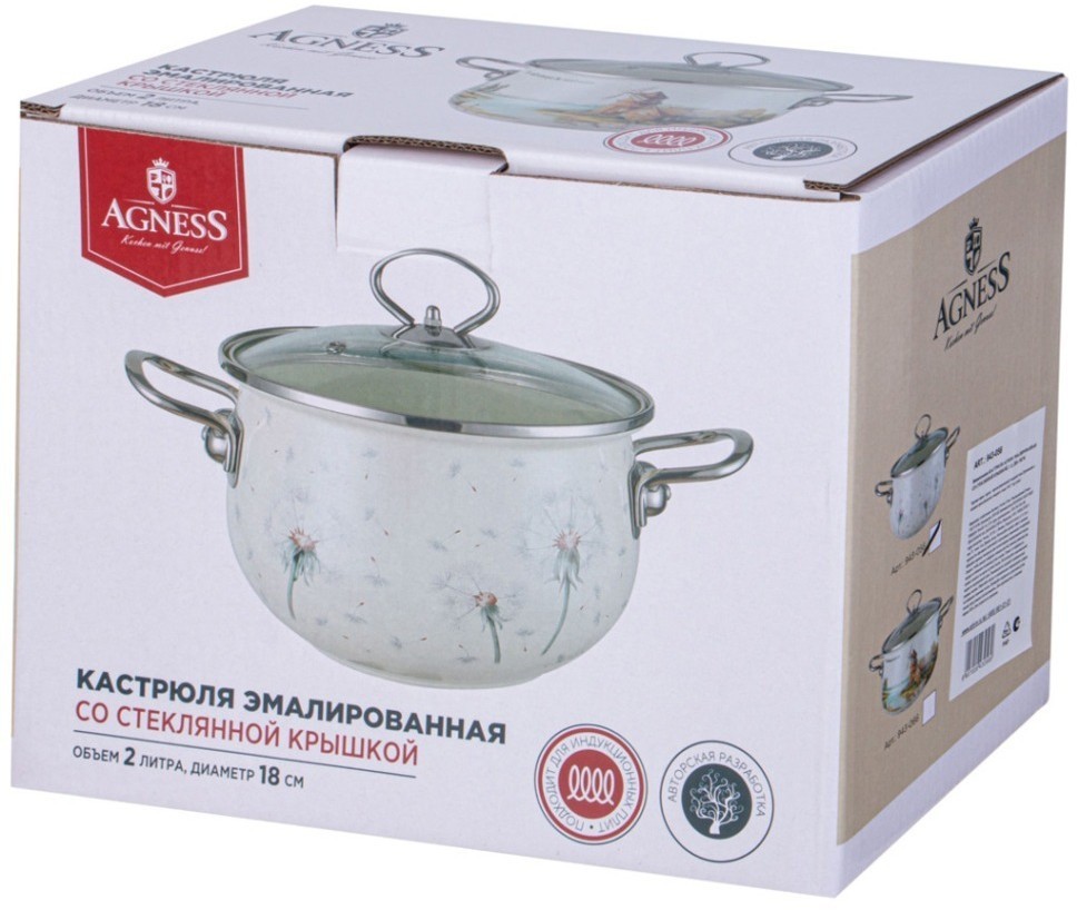 Кастрюля agness эмалированная со стеклянной крышкой серия "dandelion", 2,0 л диа. 18см (943-056)
