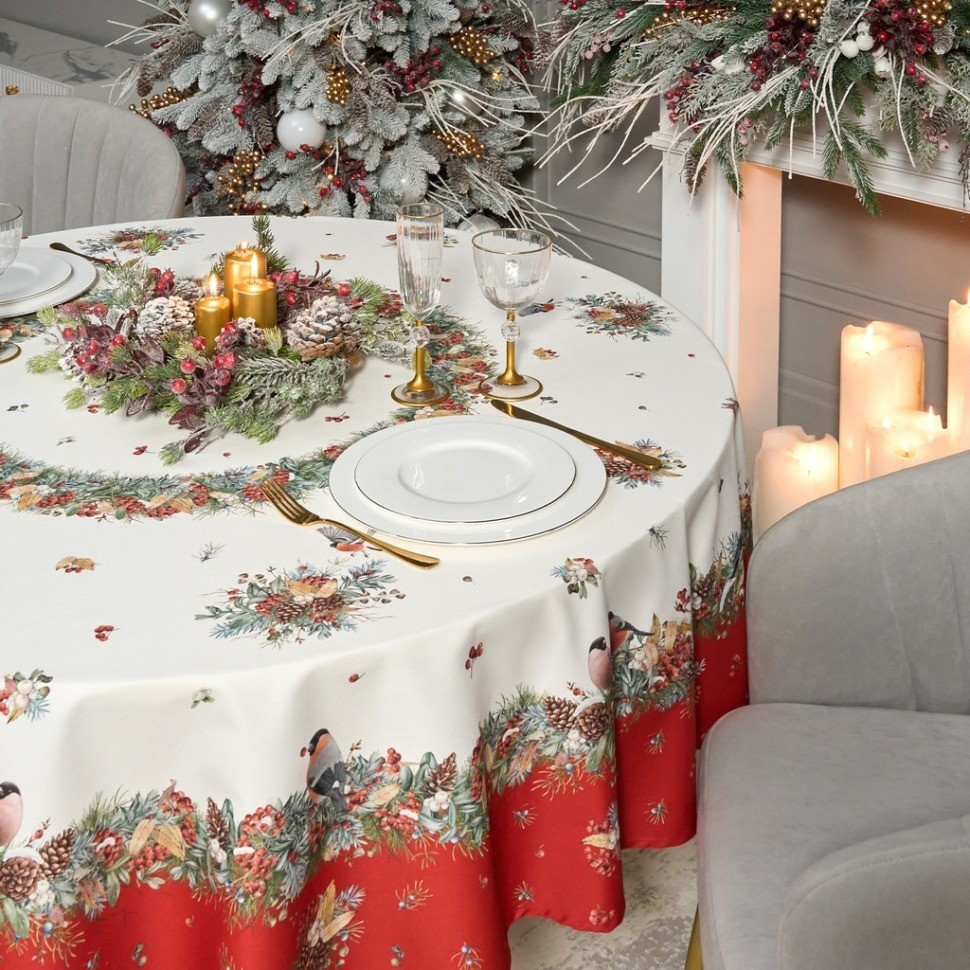 Скатерть круглая "морозко.снегири" 190см ,красный, 100% хлопок, твил, с пропиткой Lefard (850-745-22)