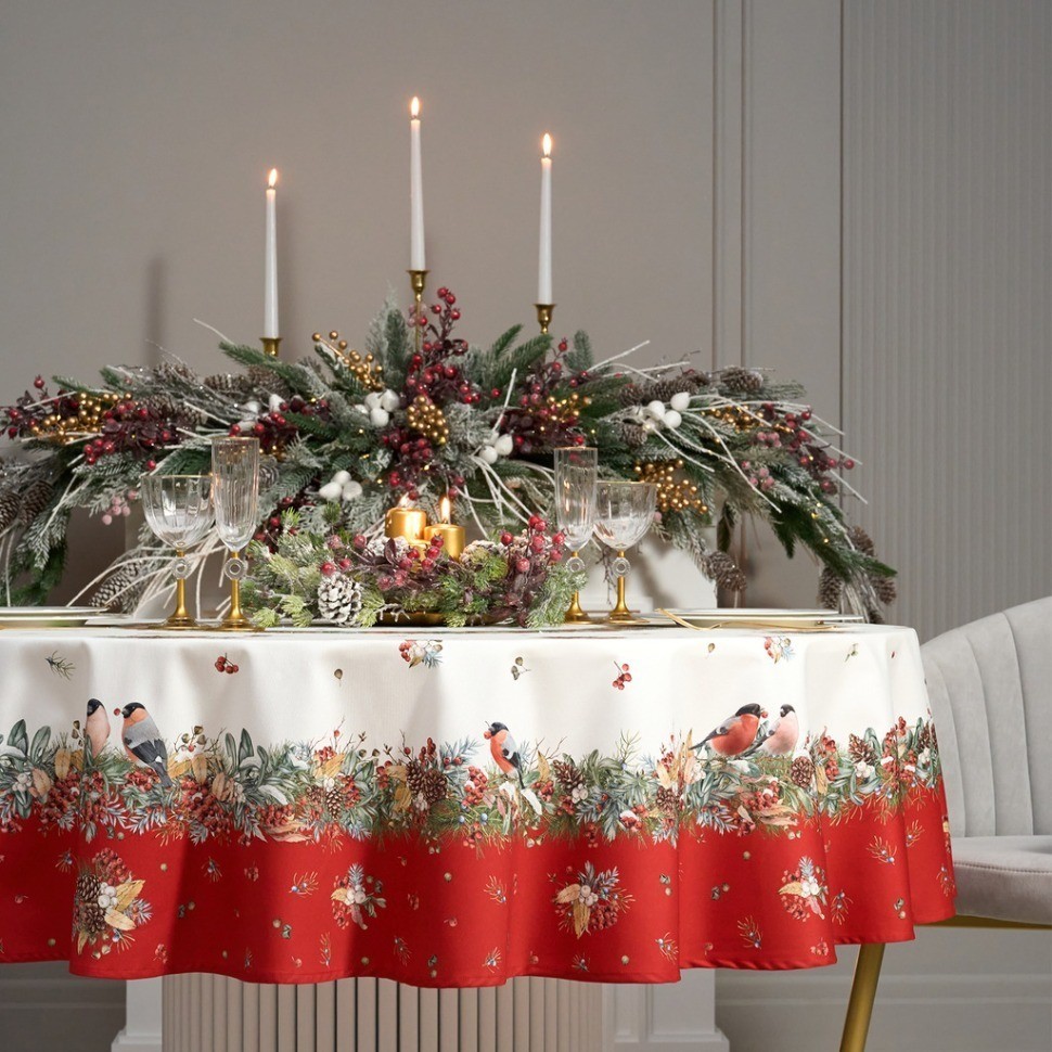 Скатерть круглая "морозко.снегири" 190см ,красный, 100% хлопок, твил, с пропиткой Lefard (850-745-22)