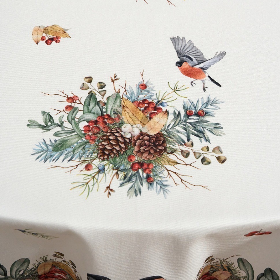 Скатерть круглая "морозко.снегири" 190см ,красный, 100% хлопок, твил, с пропиткой Lefard (850-745-22)