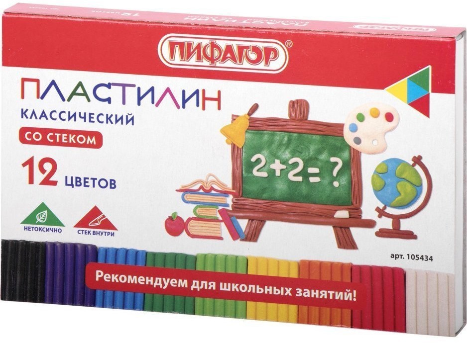 Пластилин классический Пифагор Школьный 12 цветов 180 г со стеком 105434 (16) (66075)