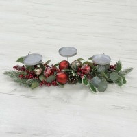 Подсвечник с еловыми ветками, зеленью и с красным декором 60 см зеленая (87374)