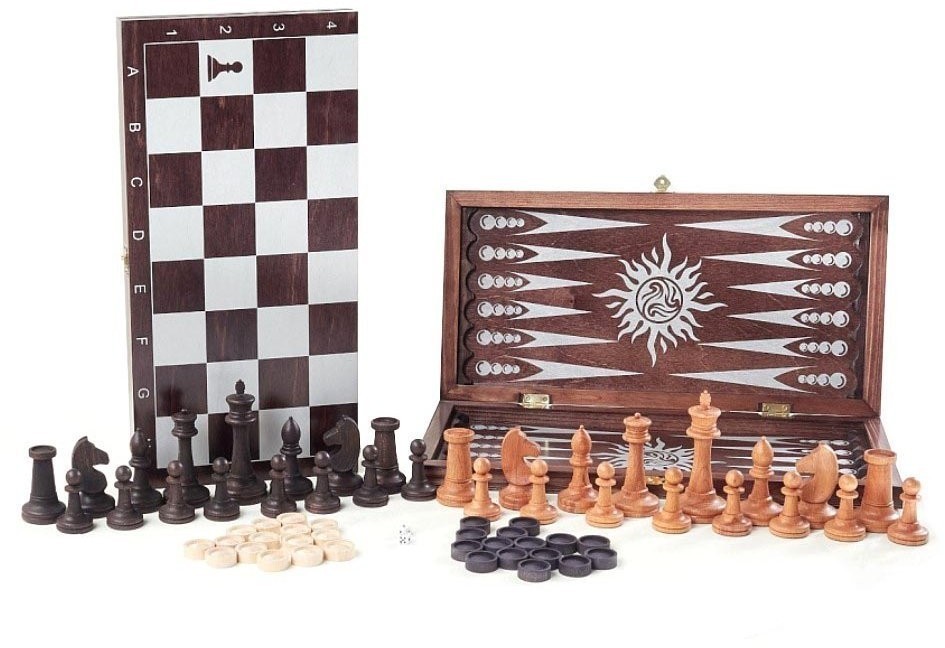 Игра 3в1 малая венге, рисунок серебро с гроссмейстерскими буковыми шахматами (нарды, шахматы, шашки) (46252)