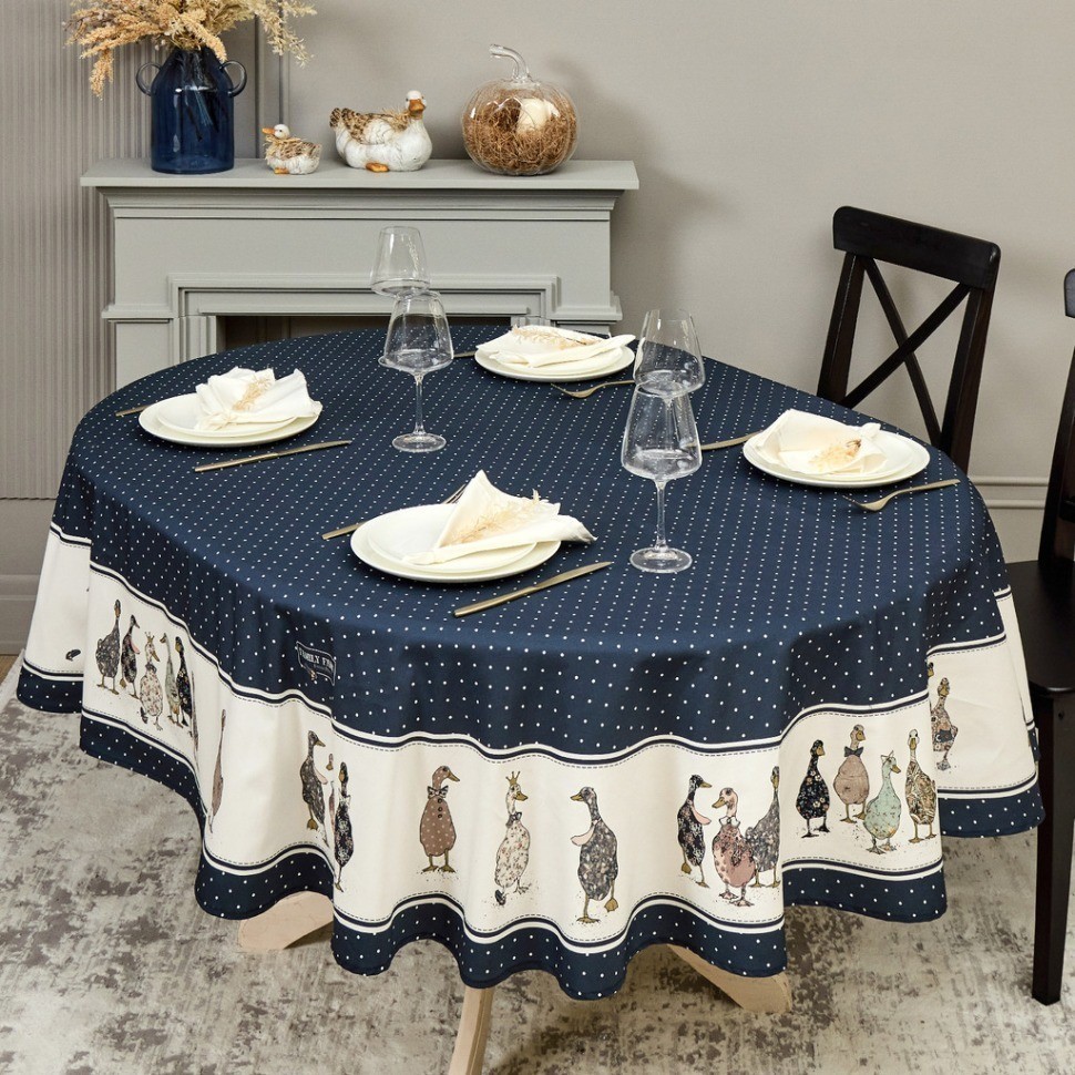 Скатерть овальная "family farm" 160х220 см ,синий, 100% хлопок, твил, с пропиткой Lefard (850-742-26)