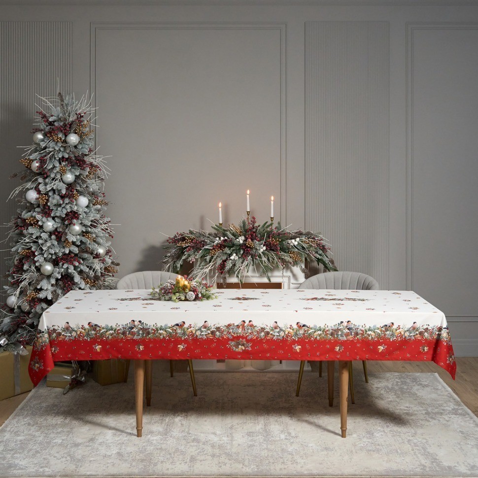 Скатерть "морозко.снегири" 140х300см ,красный, 100% хлопок,твил пропитка Lefard (850-745-25)