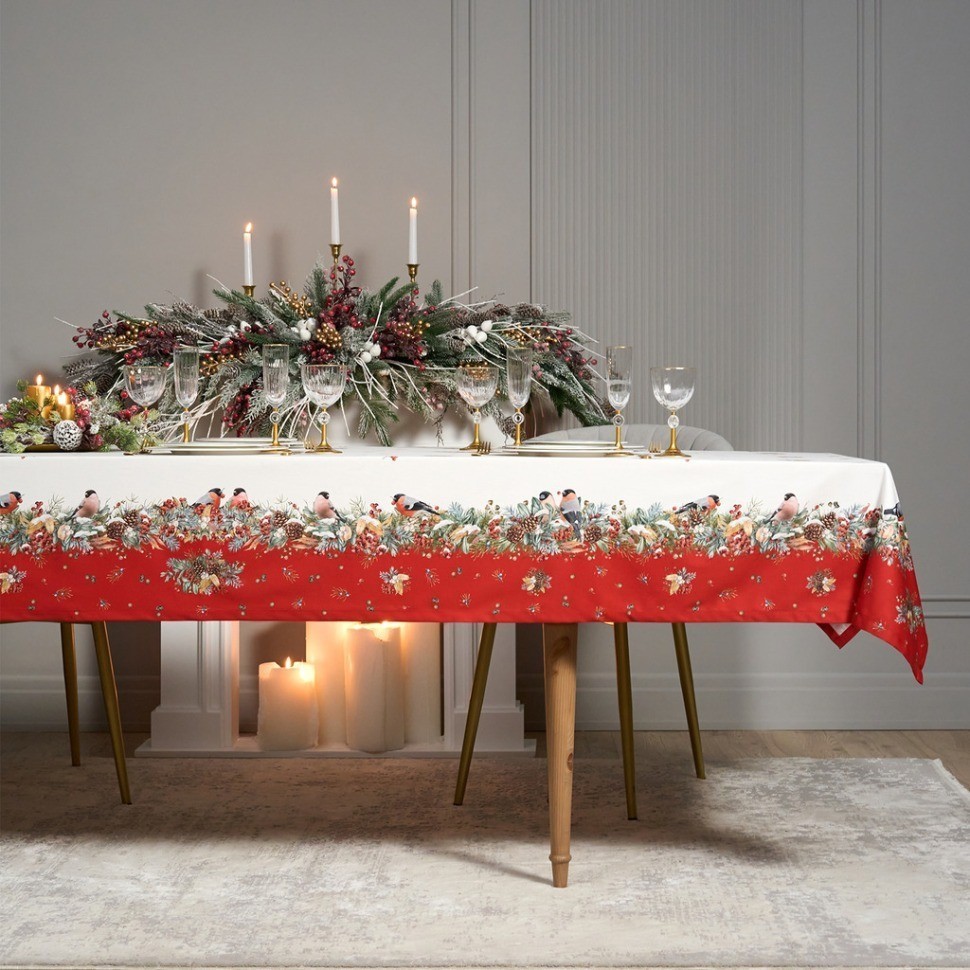 Скатерть "морозко.снегири" 140х300см ,красный, 100% хлопок,твил пропитка Lefard (850-745-25)