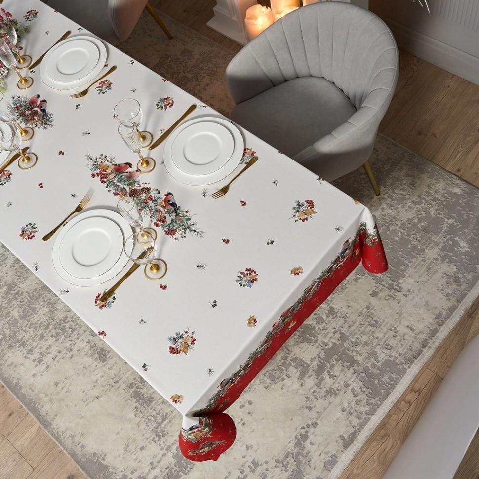 Скатерть "морозко.снегири" 140х300см ,красный, 100% хлопок,твил пропитка Lefard (850-745-25)