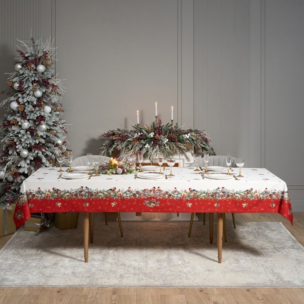 Скатерть "морозко.снегири" 140х300см ,красный, 100% хлопок,твил пропитка Lefard (850-745-25)