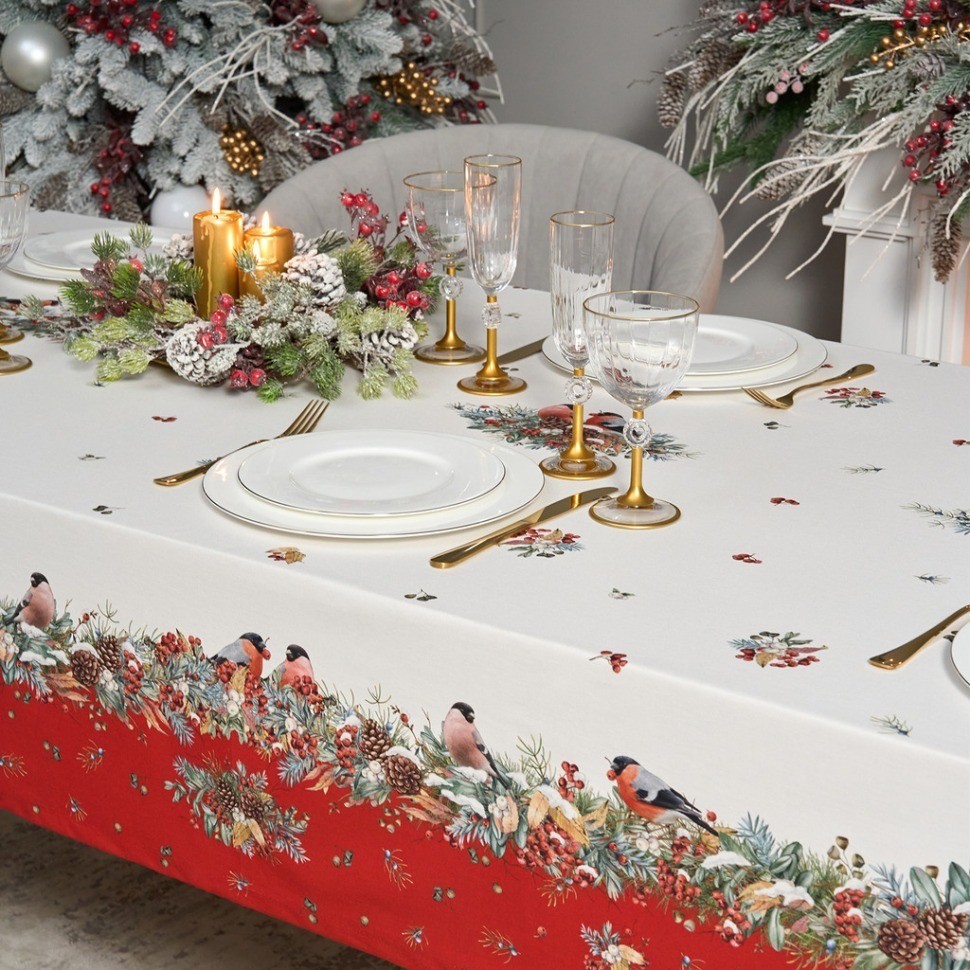 Скатерть "морозко.снегири" 140х300см ,красный, 100% хлопок,твил пропитка Lefard (850-745-25)