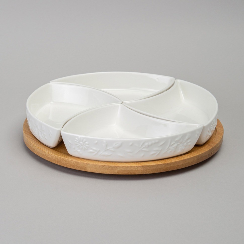 Менажница 4 секции lefard "flowers story" на дер. подставке 25*5,5 см 175 мл (474-248)