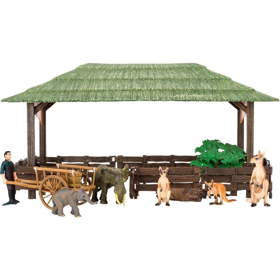 Набор фигурок животных серии "На ферме": Ферма игрушка, кенгуру, слоны, фермер, инвентарь - 12 предметов (ММ205-055)
