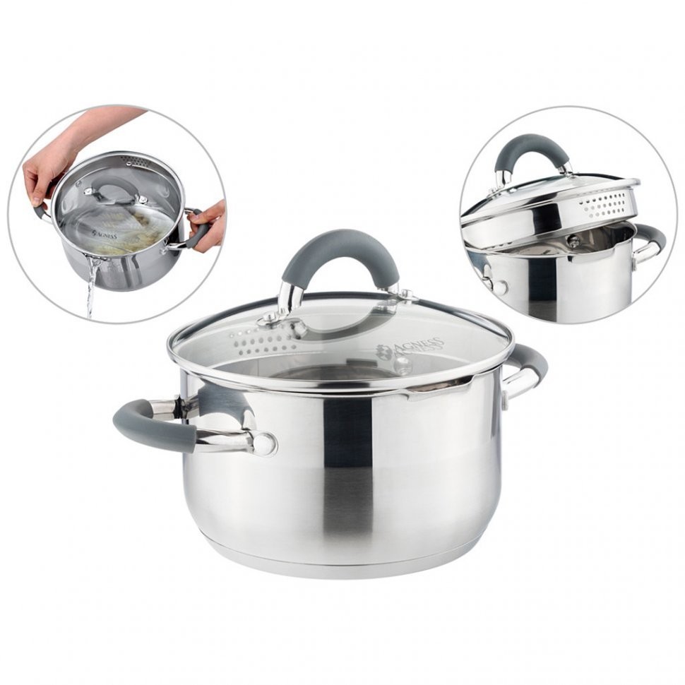 Кастрюля agness "profi home" со стеклянной крышкой, 2,0л 18x10.5 см цвет ручек:серый (914-216)