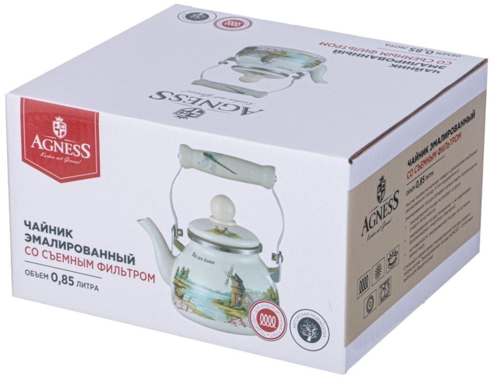 Чайник agness эмалированный со съемным фильтром из нжс серия "family house", 0,85 л (943-060)