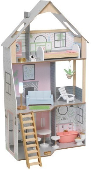 Деревянный кукольный домик "Алина", с мебелью 15 предметов в наборе, свет, для кукол 30 см (10229_KE)