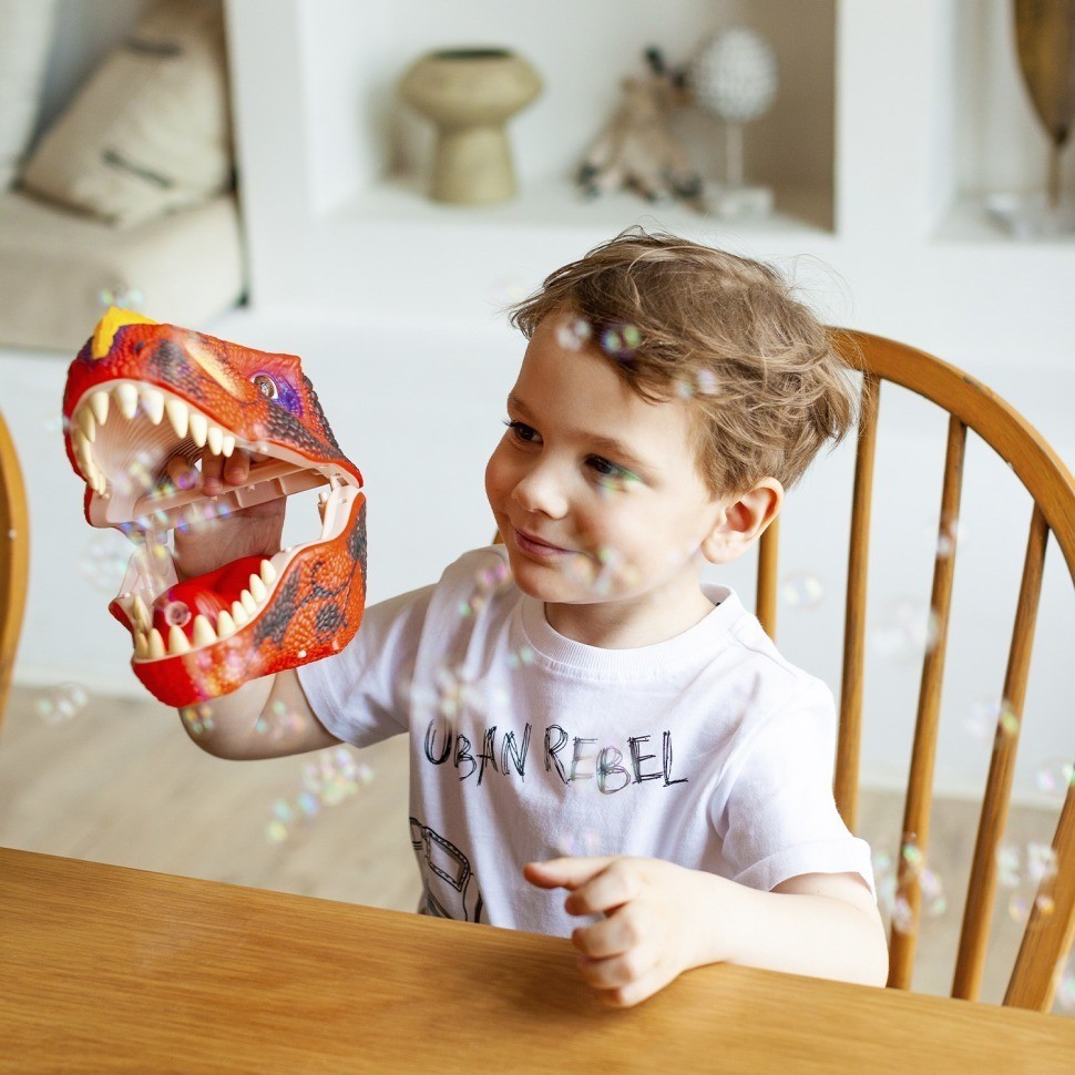 Тираннозавр (Тирекс) серии "Мир динозавров" - Игрушка на руку, генератор мыльных пузырей, красный (MM219-370)