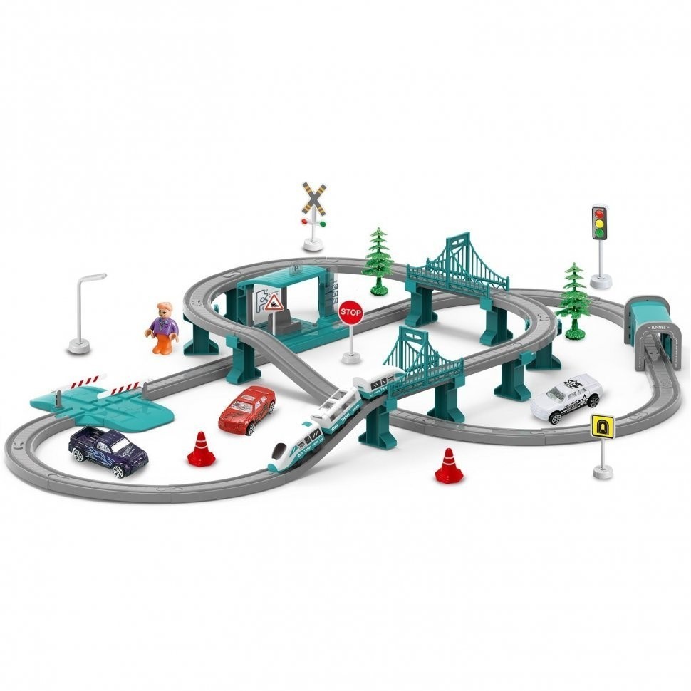 Большая игрушечная железная дорога "Мой город, 104 предмета", на батарейках со светом и звуком (Бирюзовая) (G211-019)