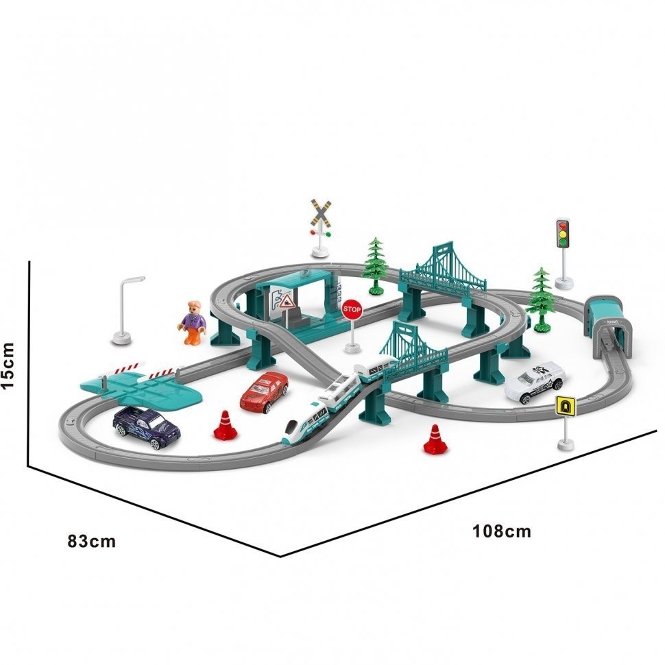 Большая игрушечная железная дорога "Мой город, 104 предмета", на батарейках со светом и звуком (Бирюзовая) (G211-019)