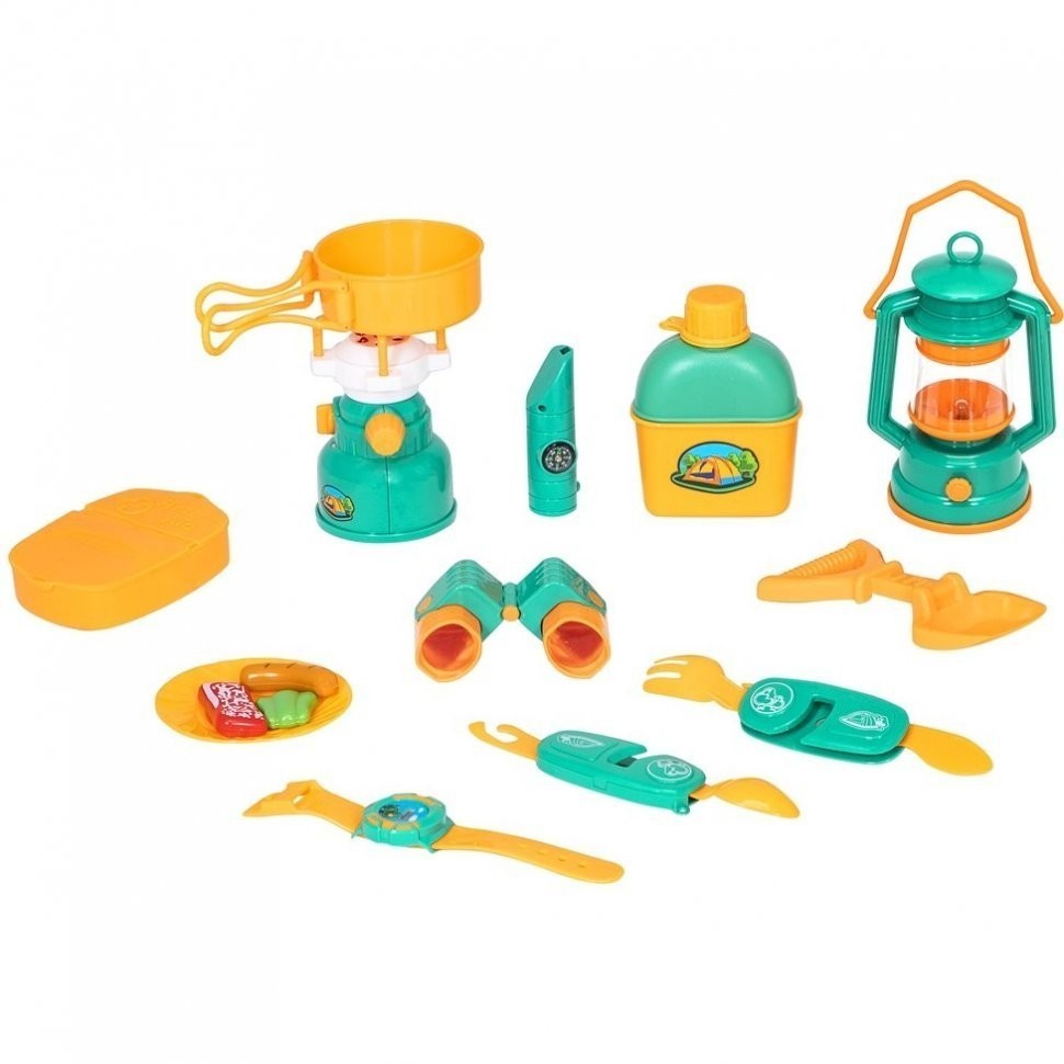 Детская посуда игрушка "Набор Туриста" с набором для пикника 19 предметов: коврик для пикника, лампа, примус, фляга, мультиприбор, аптечка, сковорода, (G209-014)