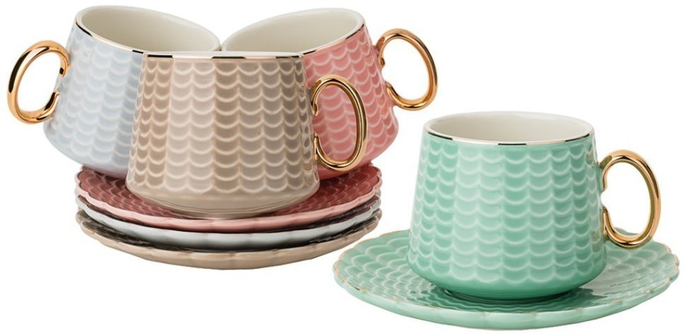 Чайный набор на 4пер. 8пр. 220мл, 4 цвета: серый, кофейный, розовый, мятный Lefard (91-054)