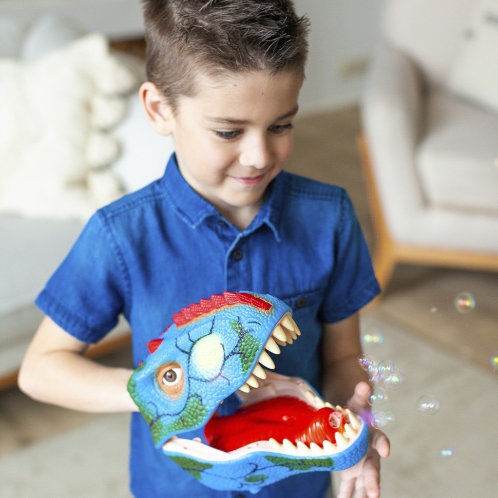 Тираннозавр (Тирекс) серии "Мир динозавров" - Игрушка на руку, генератор мыльных пузырей, синий (MM219-371)