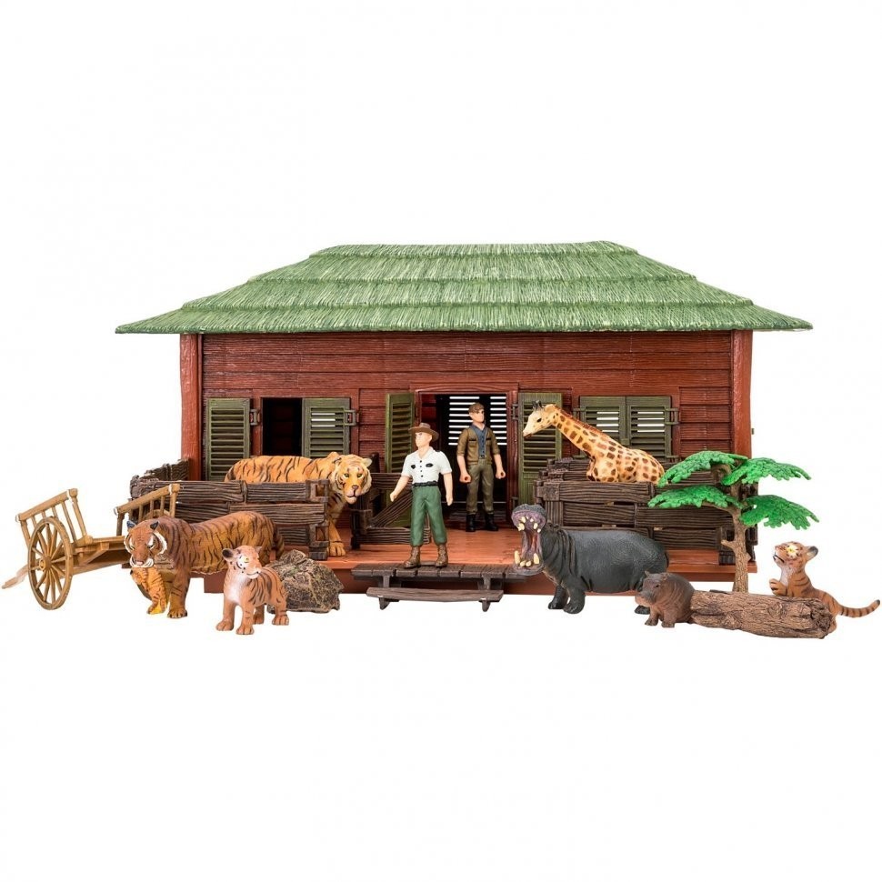 Набор фигурок животных серии "На ферме": Ферма игрушка, жираф, бегемот, тигры, фермеры, инвентарь -  17 предметов (ММ205-052)