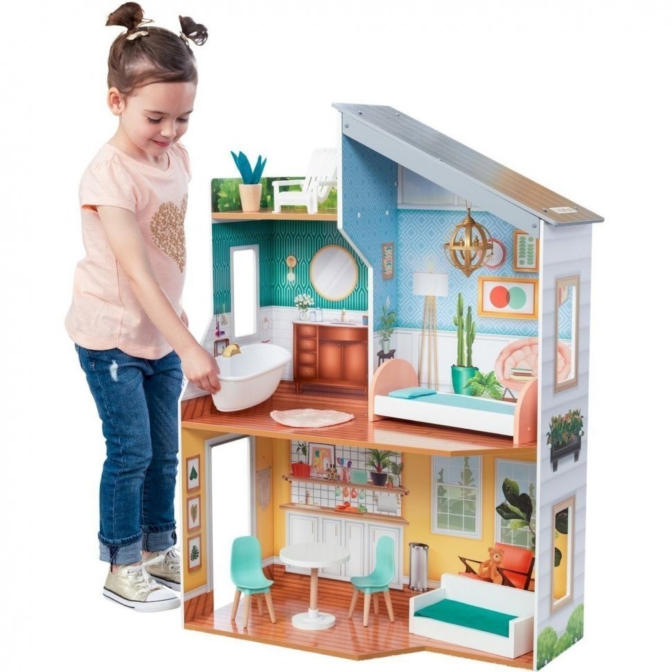 Деревянный кукольный домик "Эмили", с мебелью 10 предметов в наборе, для кукол 30 см (65988_KE)