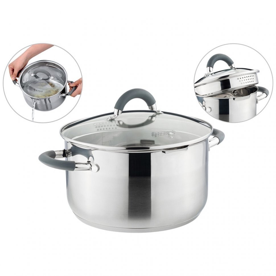 Кастрюля agness "profi home" со стеклянной крышкой, 5,0л 24x13.5 см цвет ручек:серый (914-218)