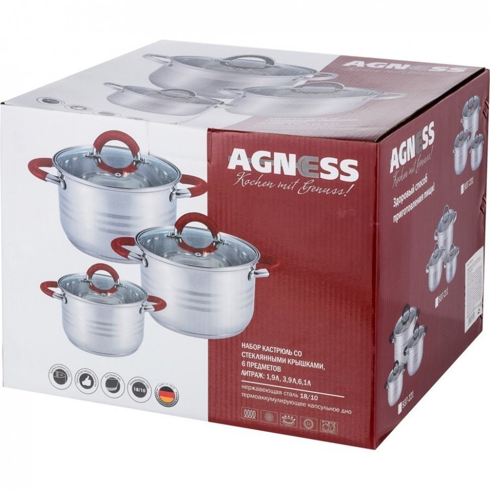 Набор кастрюль agness, 6пр.1,9/3,9/6,1 л, диа. 16/20/24см, нерж.сталь со стекл.крышками, силикон.руч Agness (937-231)