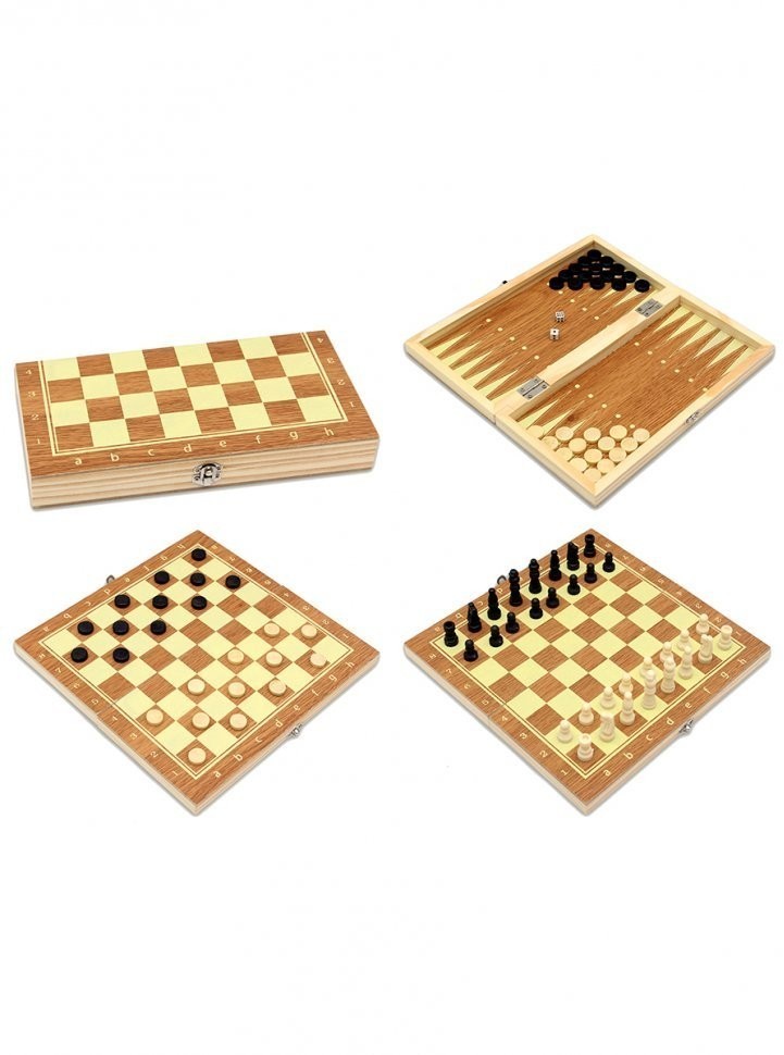 Шахматы, нарды, шашки деревянные 3 в 1 (поле 24 см) фигуры из пластика (44877)