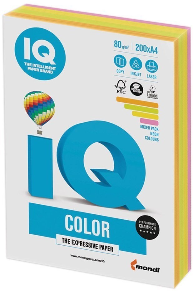 Бумага цветная для принтера IQ Color А4 80 г/м2 200 листов 4 цвета RB04/110690 (65390)