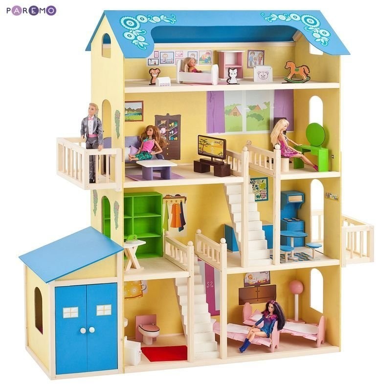 Деревянный кукольный домик "Лира", с мебелью 28 предметов в наборе и с гаражом, для кукол 30 см (PD316)