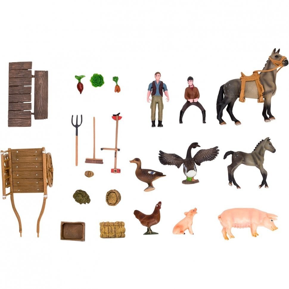 Набор фигурок животных серии "На ферме": Ферма игрушка, 24 фигурки домашних животных (лошади, свиньи) и птиц, фермеров и инвентаря (ММ205-043)