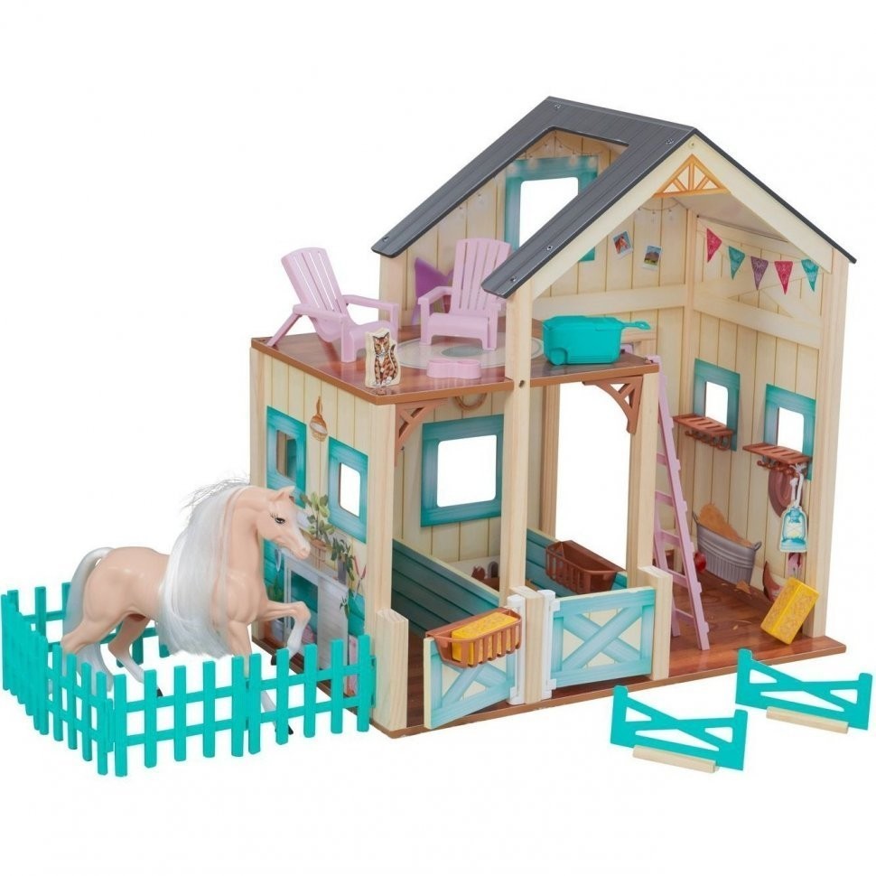 Деревянный кукольный домик "Конюшня Сладкий луг", открытый на 360°, с мебелью 24 предмета в наборе, для кукол 30 см (63534_KE)