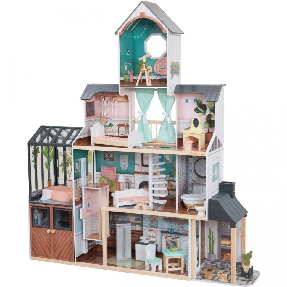 Деревянный кукольный домик "Особняк Селесты", с мебелью 24 предмета в наборе и с гаражом, свет, звук, для кукол 30 см (65979_KE)