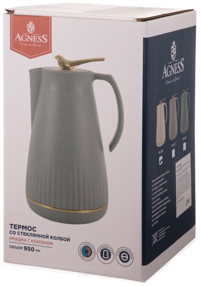 Термос со стеклянной колбой, 950 мл, крышка с клапаном Agness (734-201)