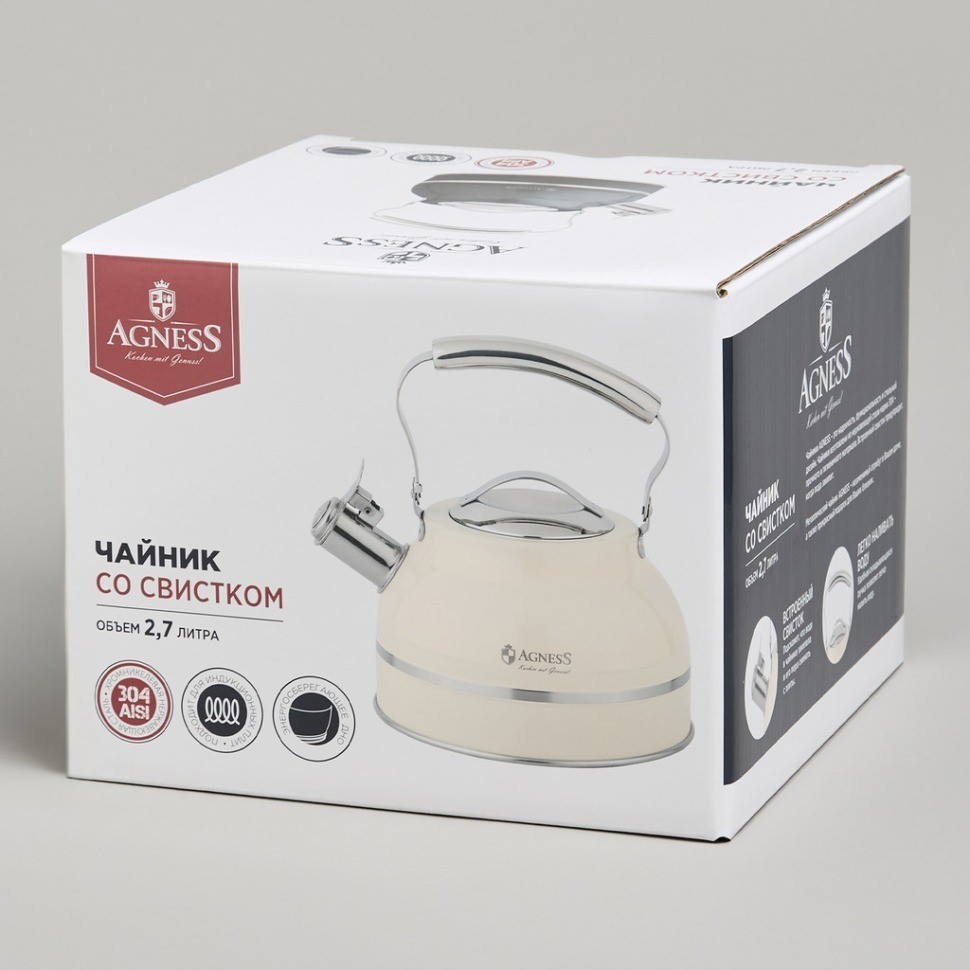 Чайник agness со свистком 2,7л, термоаккумулирующее дно, 304 сталь,  индукция (914-303)