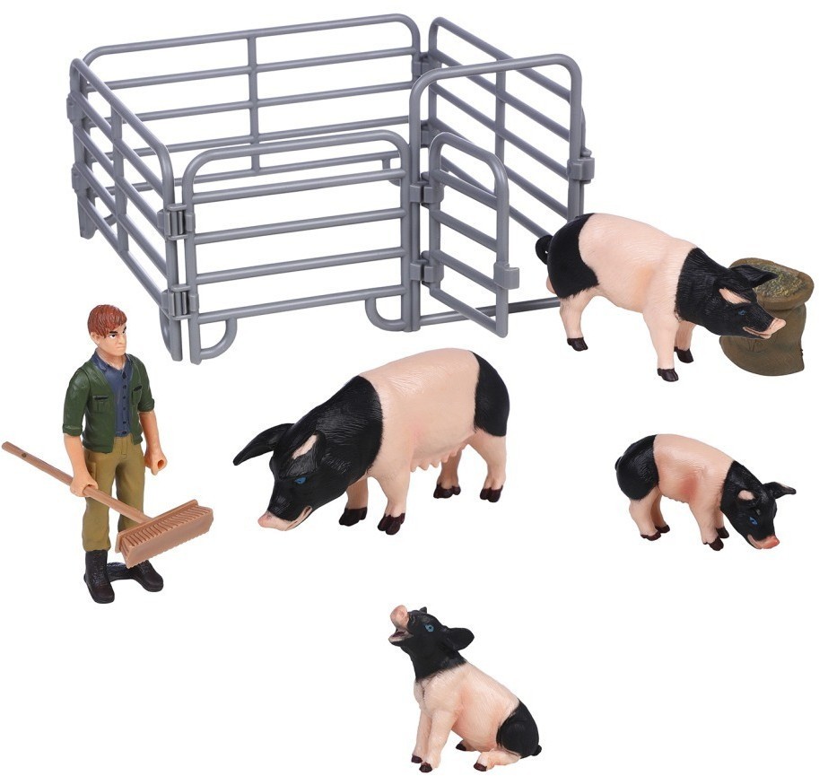 Игрушки фигурки в наборе серии "На ферме", 8 предметов (семья свиней, фермер, ограждение-загон, аксессуары) (MM215-347)