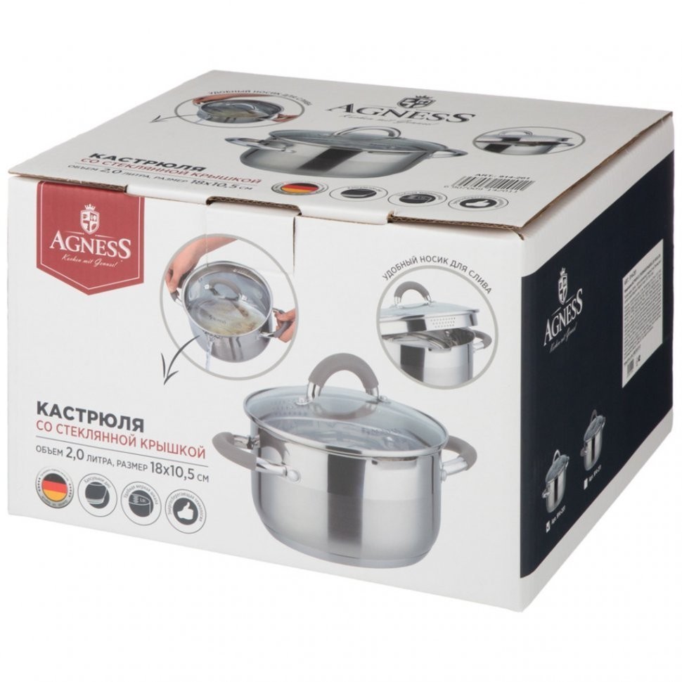 Кастрюля agness "profi home" со стеклянной крышкой, 2,0л 18x10.5 см Agness (914-201)