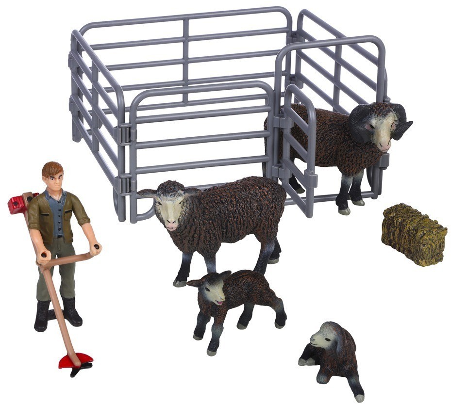 Игрушки фигурки в наборе серии "На ферме", 8 предметов (семья баранов, фермер, ограждение-загон, аксессуары) (MM215-348)