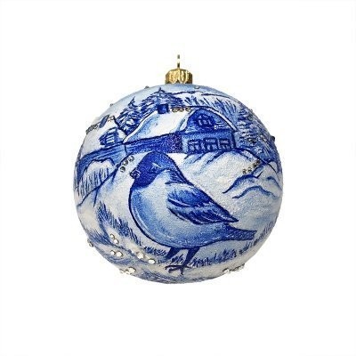 Новогодний шар Снегирь в узорах зимы с кристаллами Swarovski (2172)