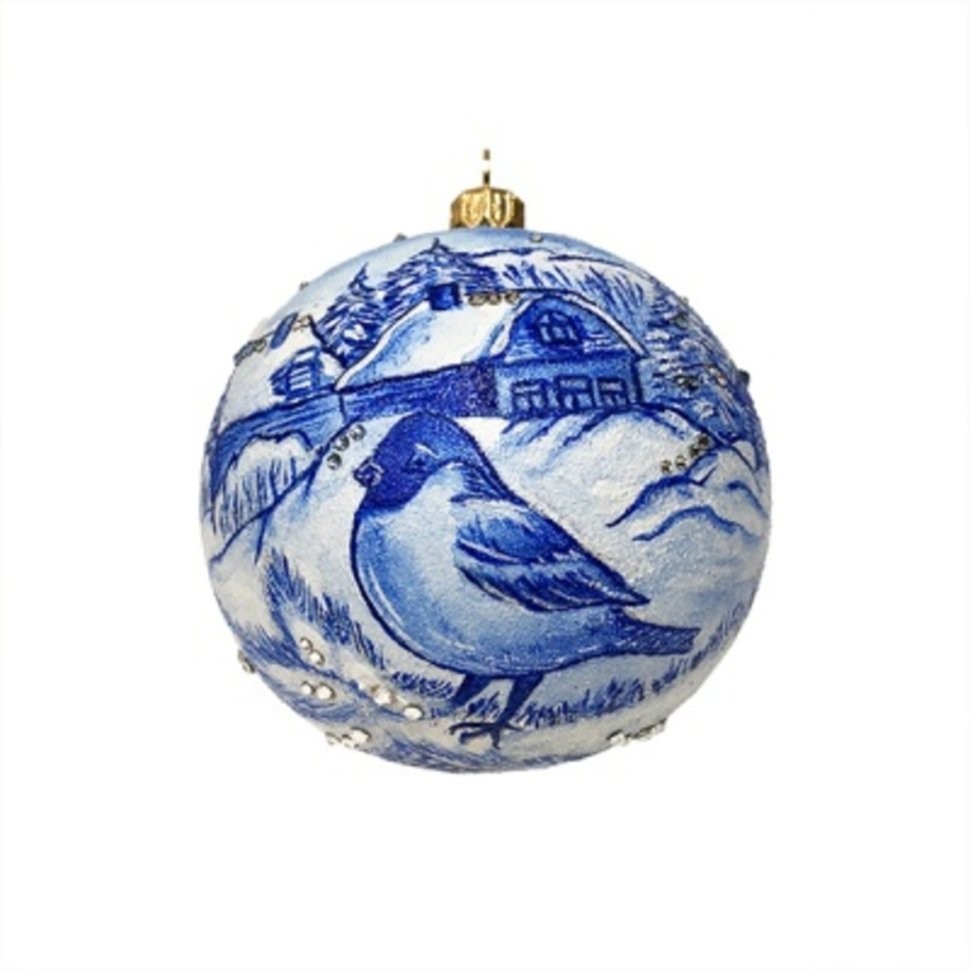 Новогодний шар Снегирь в узорах зимы с кристаллами Swarovski (2172)