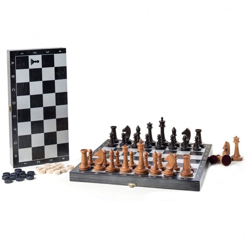 Игра 2в1 малая черная, рисунок серебро с гроссмейстерскими буковыми шахматами (шашки, шахматы) "Клас (46256)