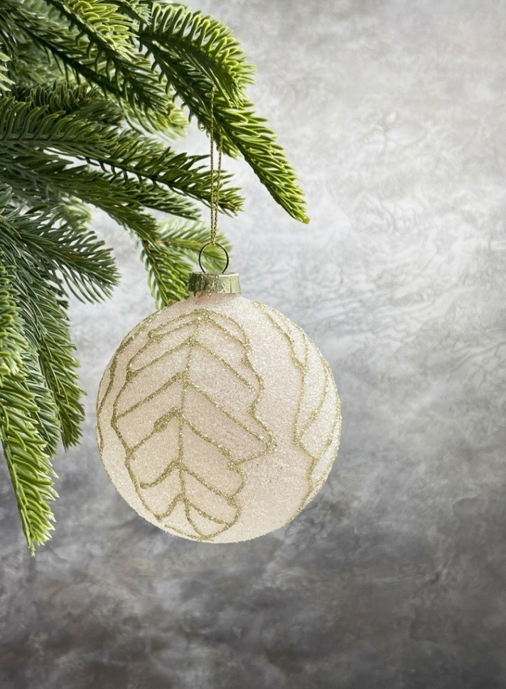 Набор стеклянных шаров  ø 8 см 6 шт. светло-розовый в инее с листьями в дисплее (87255)